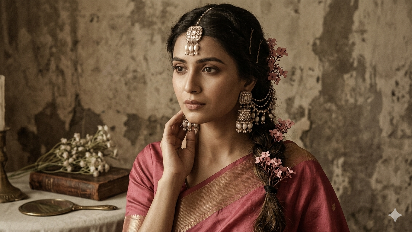 Tara Kaanchain Earrings with Maangteeka - White
