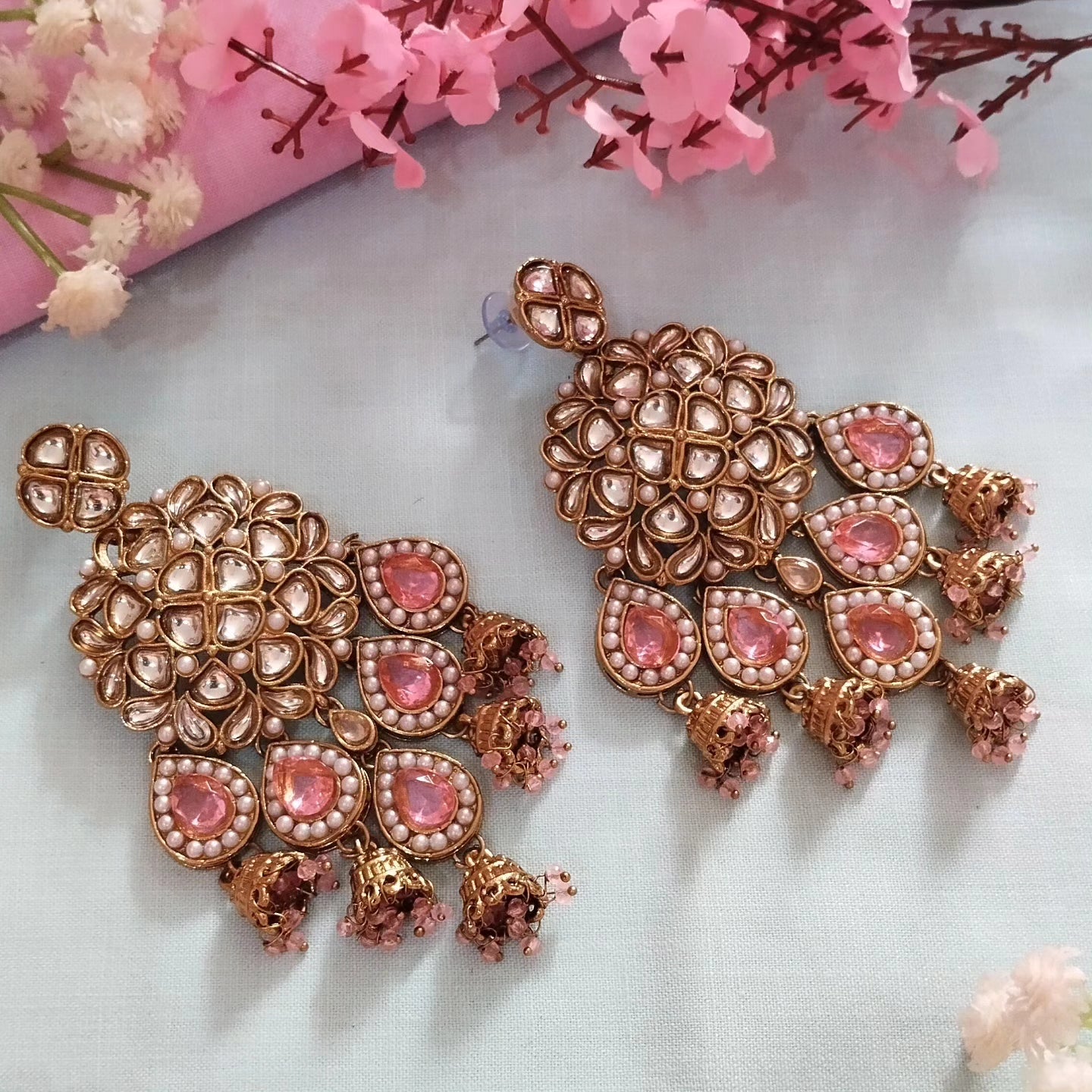 Mannat Premium Pearl Chandbali Earrings - Pink
