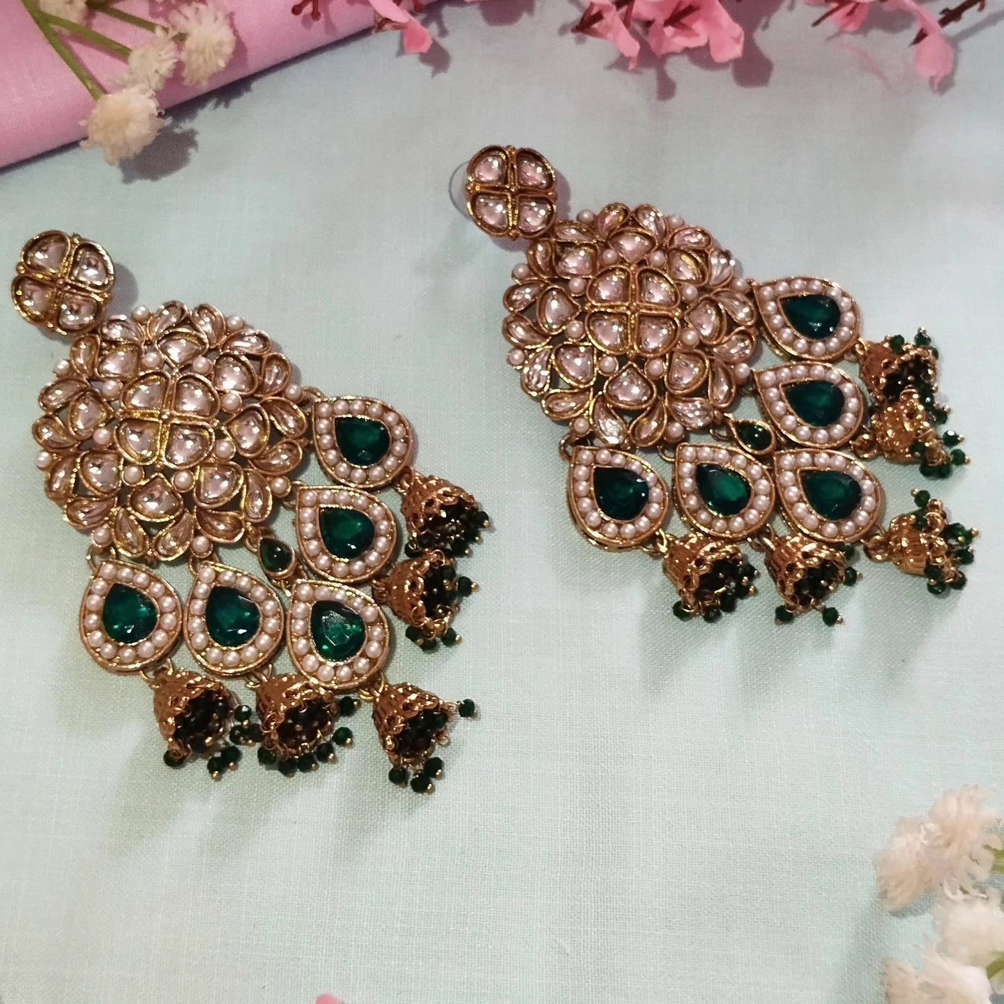 Mannat Premium Pearl Chandbali Earrings - Dark Green