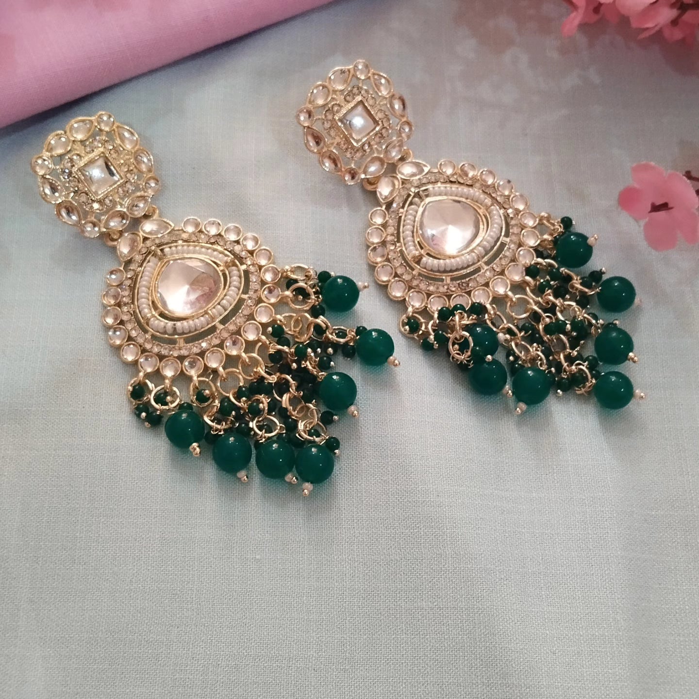 Amanat Pearl Chandbali Earrings - Dark Green
