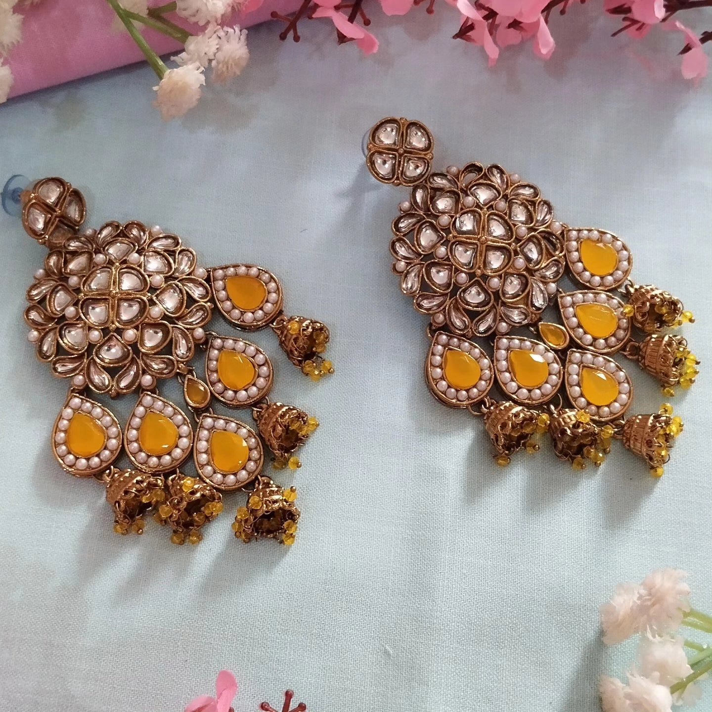 Mannat Premium Pearl Chandbali Earrings - Yellow