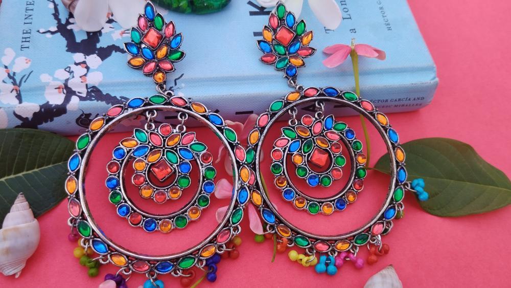 Oxidised Piya Mirror Chandbali Earrings - Multi colour