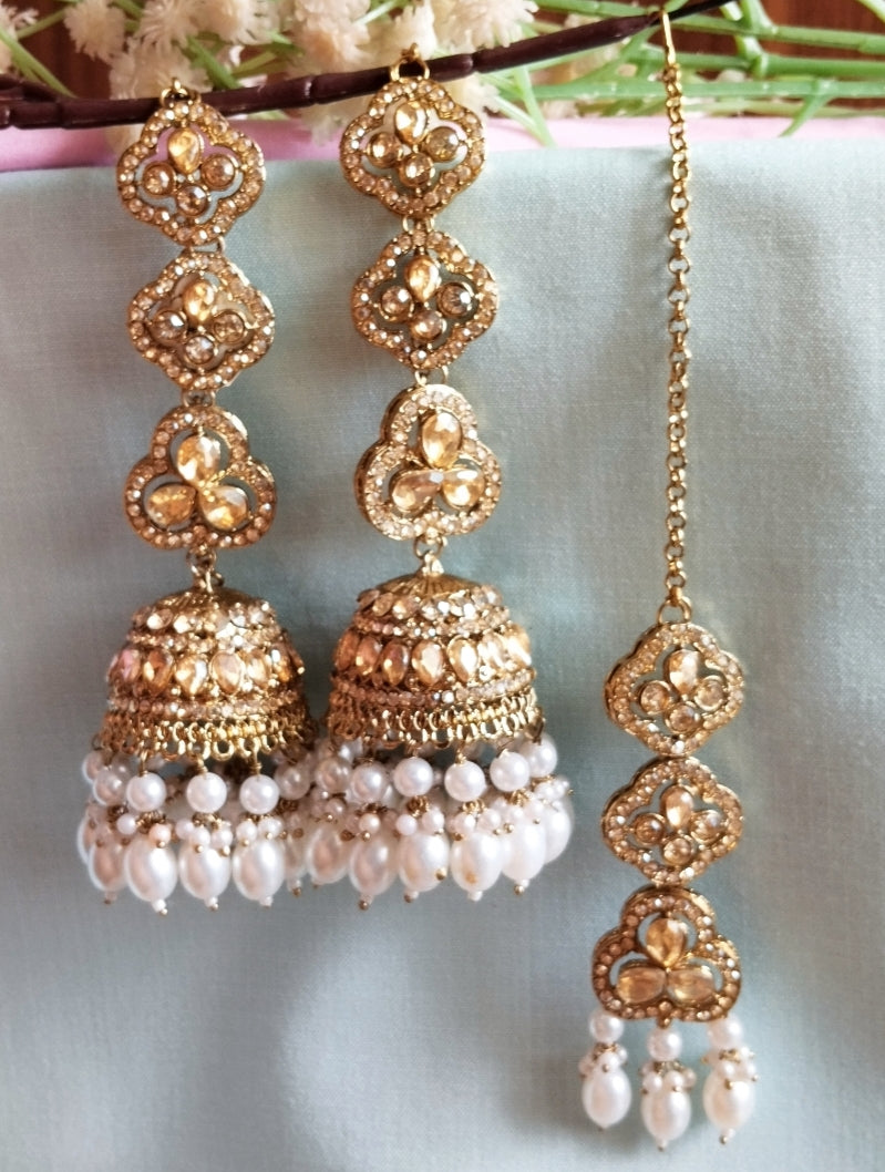 Ruchika Premium Kaanchain Jhumka with Maangteeka - White
