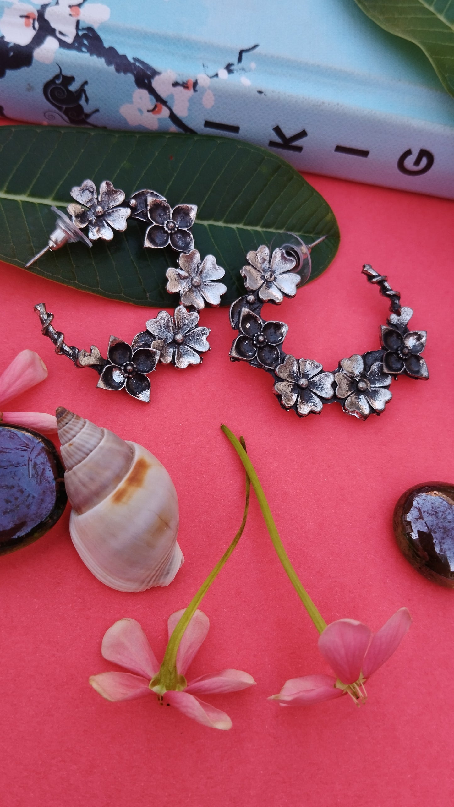 Oxidised Flower Hoop Stud Earrings