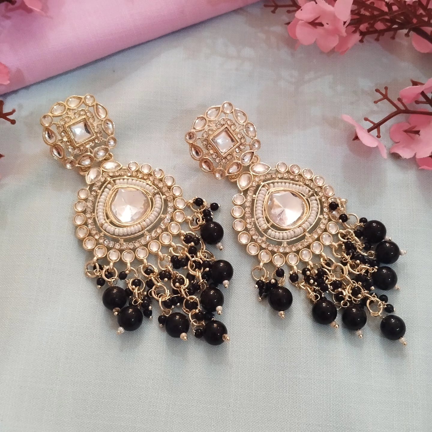 Amanat Pearl Chandbali Earrings - Black