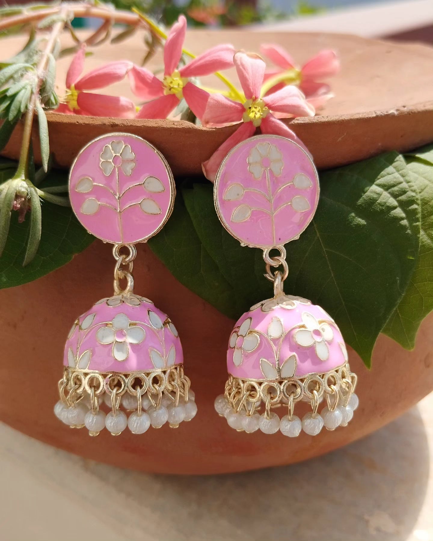 Preet Meenakari Small Jhumka- Pink