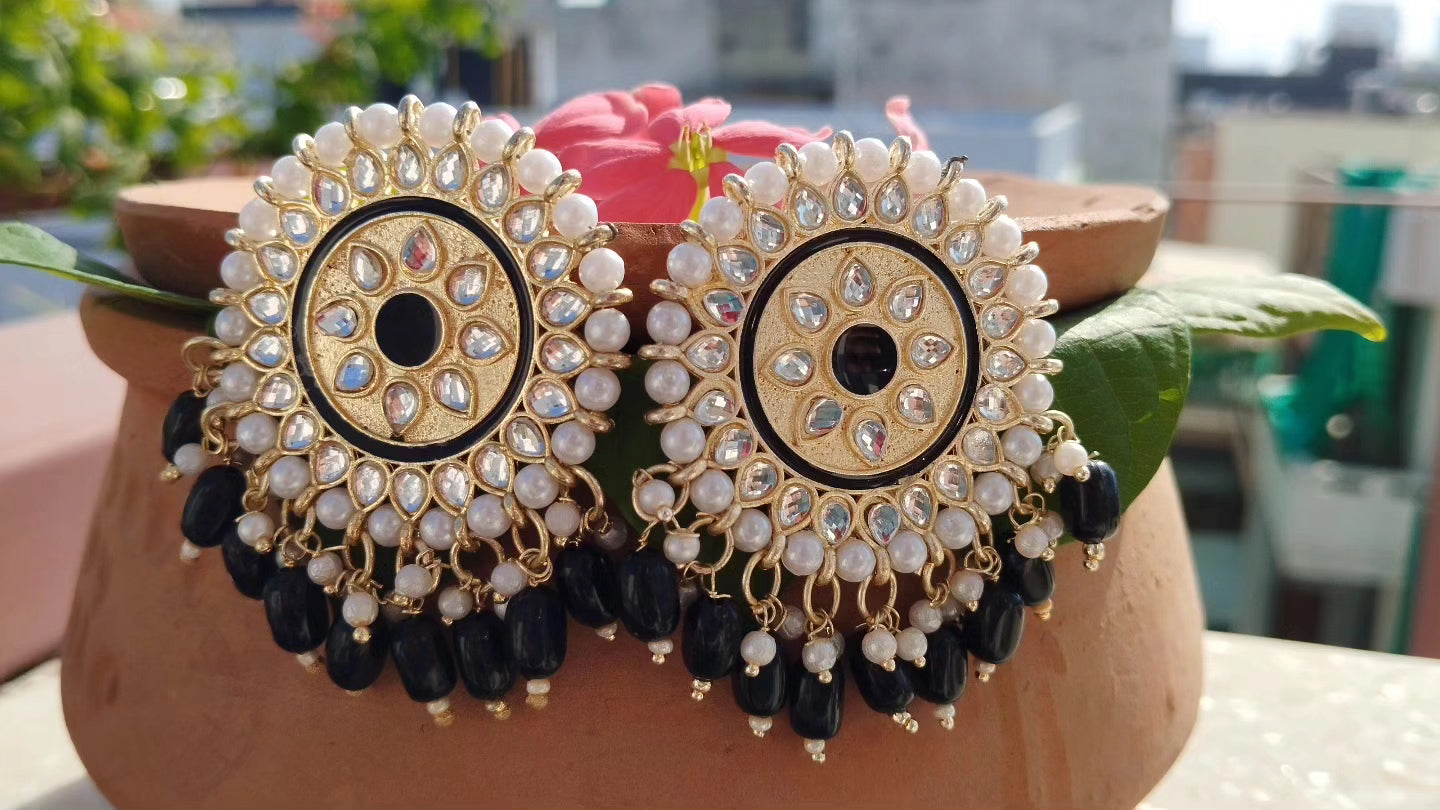 Madhuri Small Chandbali Stud Earrings - Black