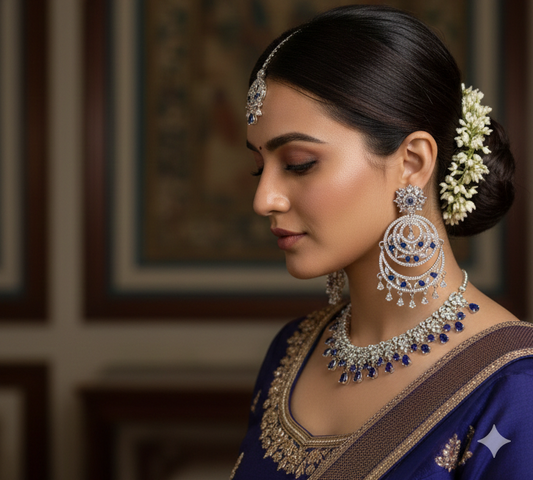 Rubi Premium AD Necklace Set with Maangteeka - Dark Blue