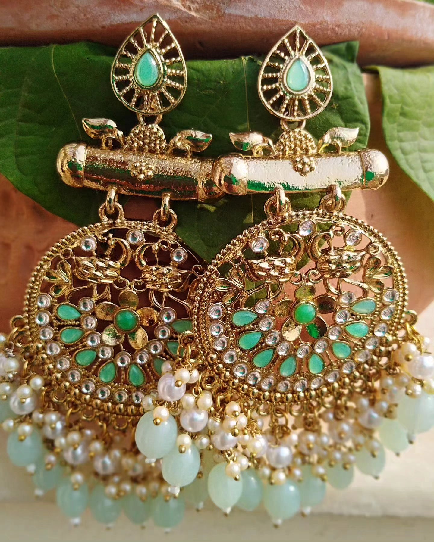 Meenakshi Chandbali Earrings - Light Green