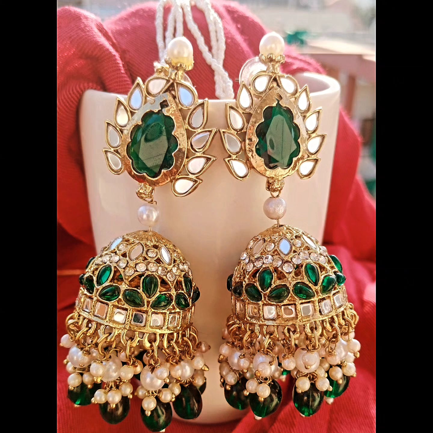 Apsara Premium Jhumka - Dark Green