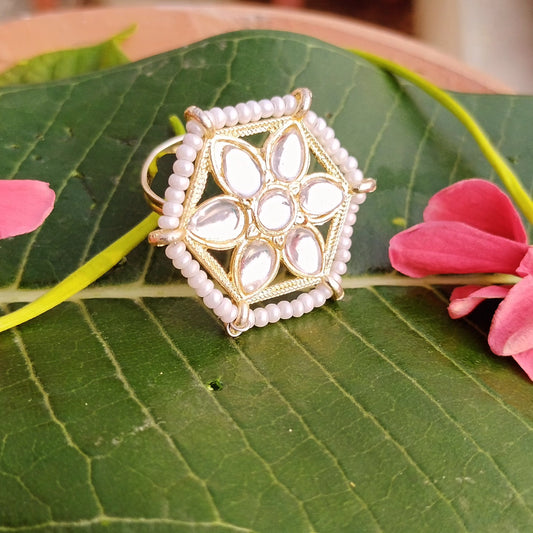Sanchi Kundan White pearl Adjustable Rings - Hexagon Shape