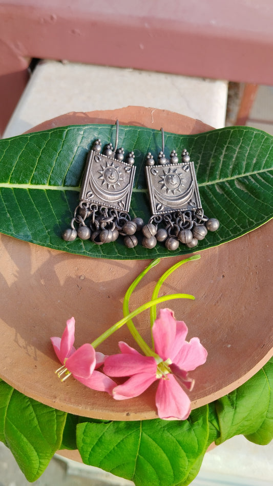 Oxidised Sun & Moon Designed Hooks Earrings