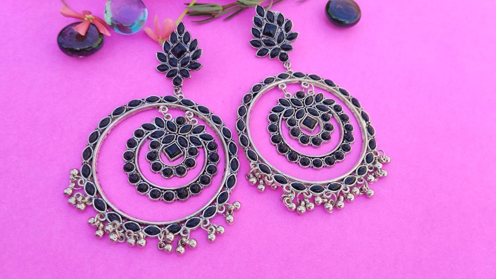 Oxidised Piya Mirror Chandbali - Black