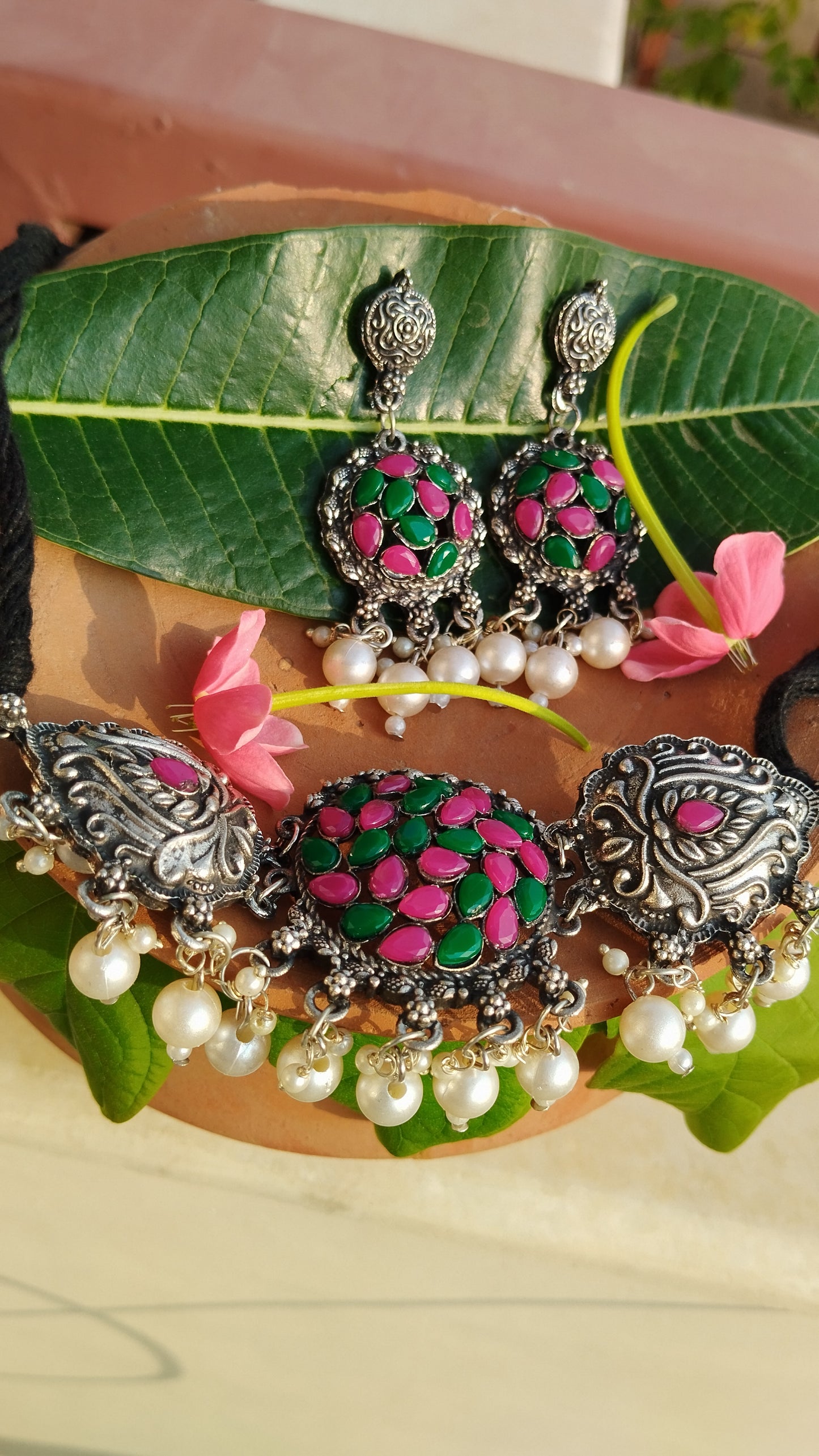 Oxidised Rashmi Afghani Choker Set with Earrings - Dark Green & Pink