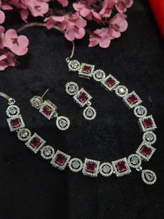 Anvi Premium AD Necklace Set - Red