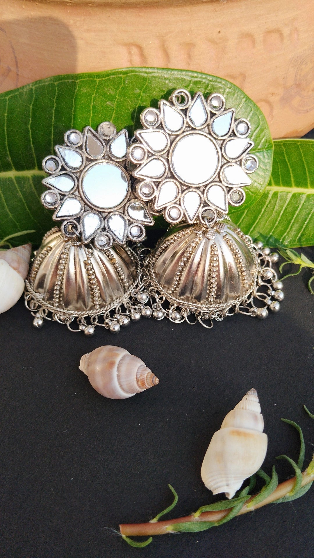 Oxidised Sunflower Mirror Jhumka