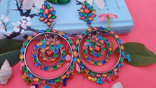 Oxidised Piya Mirror Chandbali Earrings - Multi colour