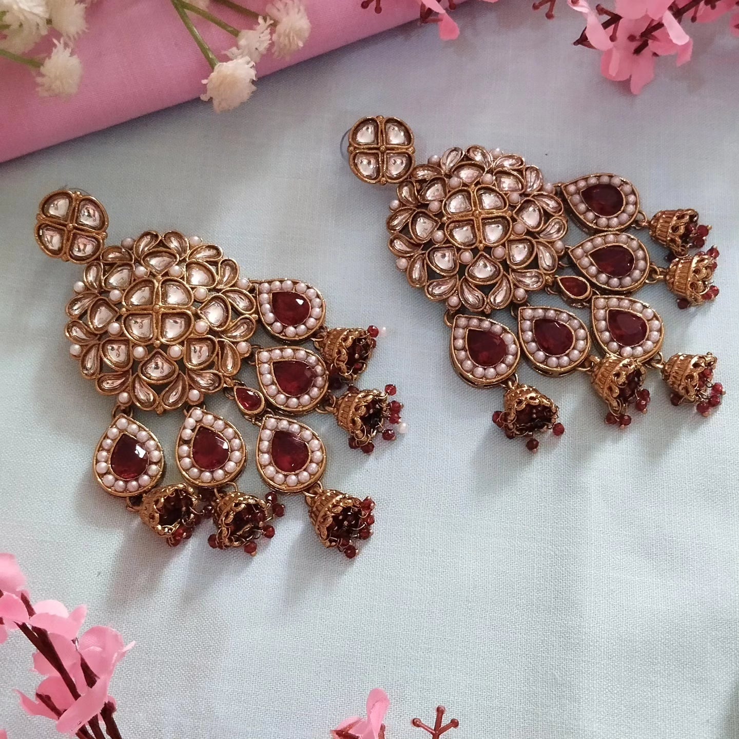 Mannat Premium Kundan Chandbali Earrings - Maroon