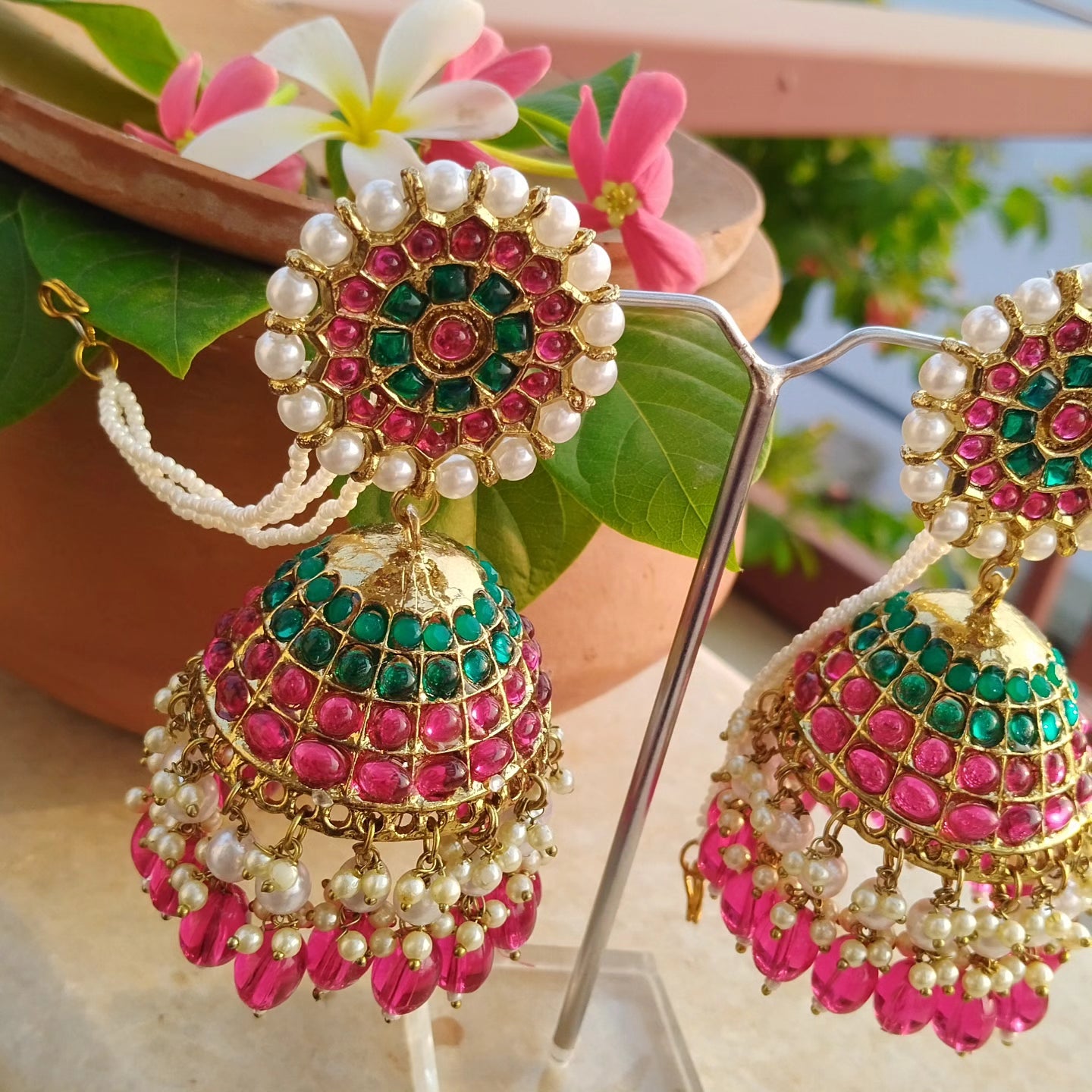 Jhoomar Pearl Jhumka- Red and Green