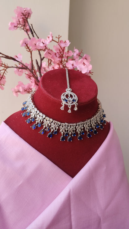 Rubi Premium AD Necklace Set with Maangteeka - Dark Blue
