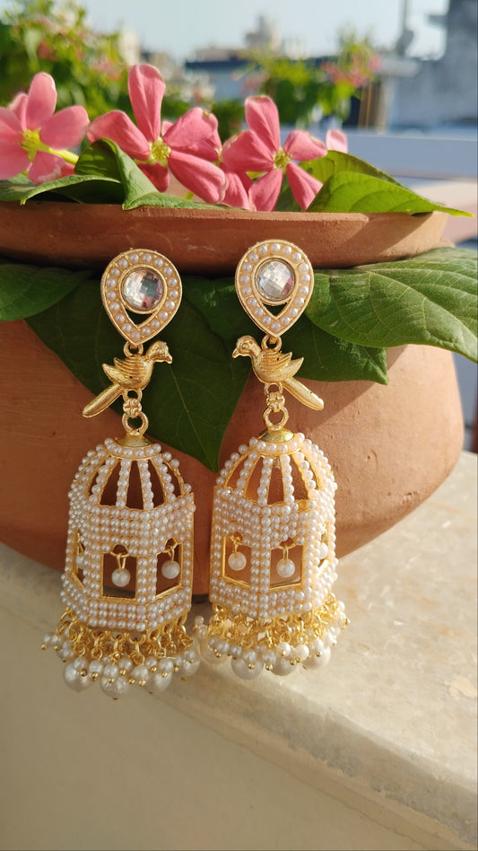 Bird Jharokha Earrings - White