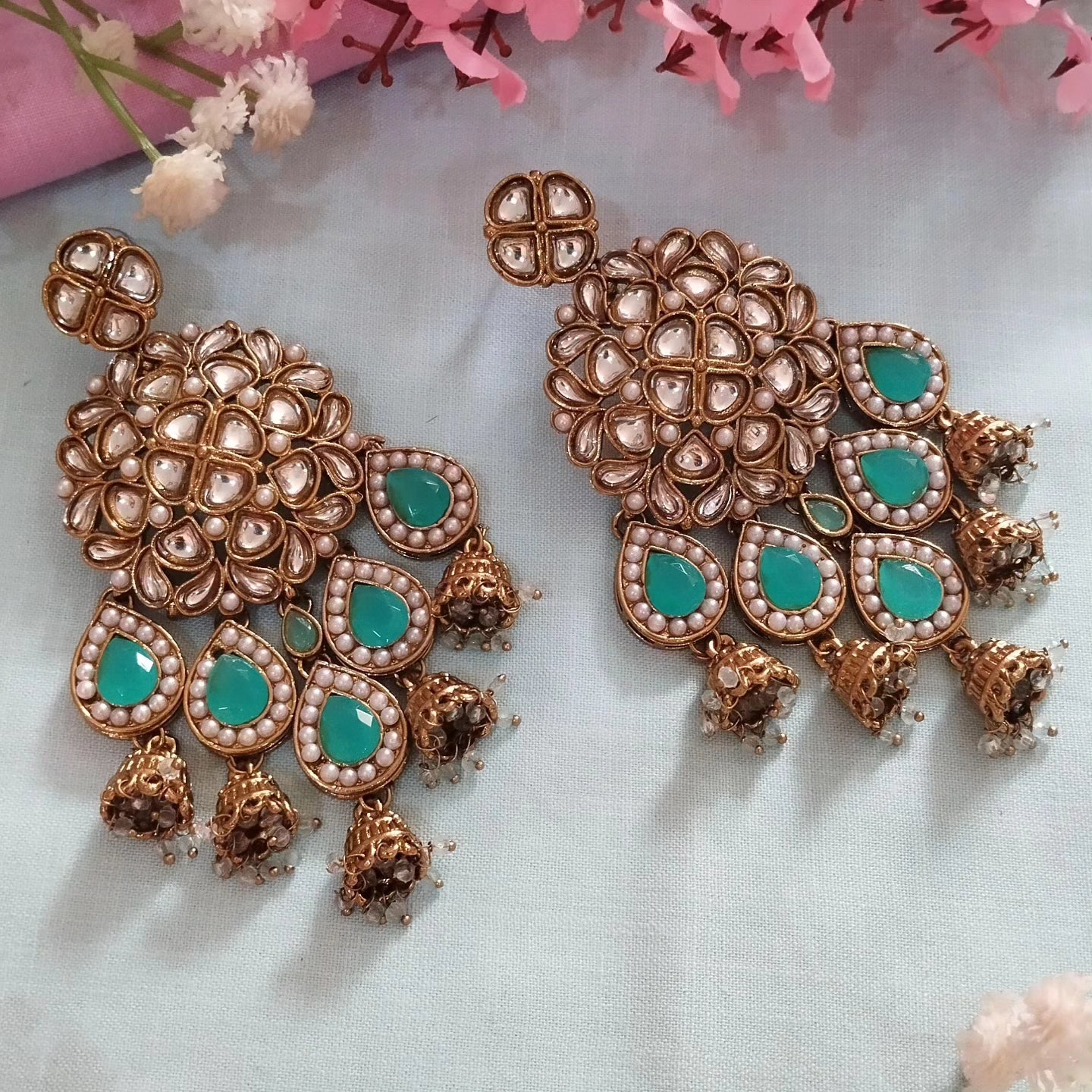 Mannat Premium Pearl Chandbali Earrings - Sea Blue