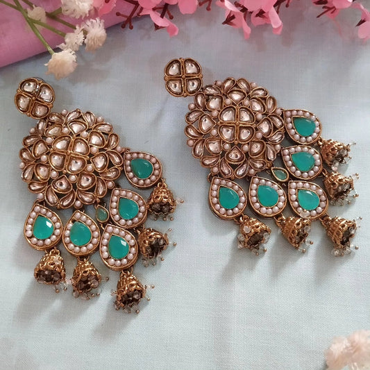 Mannat Premium Pearl Chandbali Earrings - Sea Blue