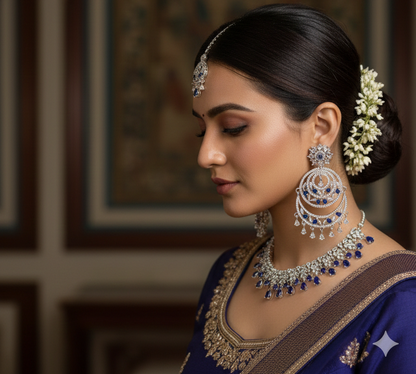 Rubi Premium AD Necklace Set with Maangteeka - Dark Blue